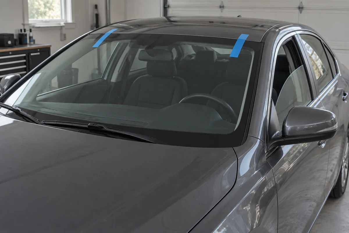 New windshield with retention tape and dashboard reflections in a parked car