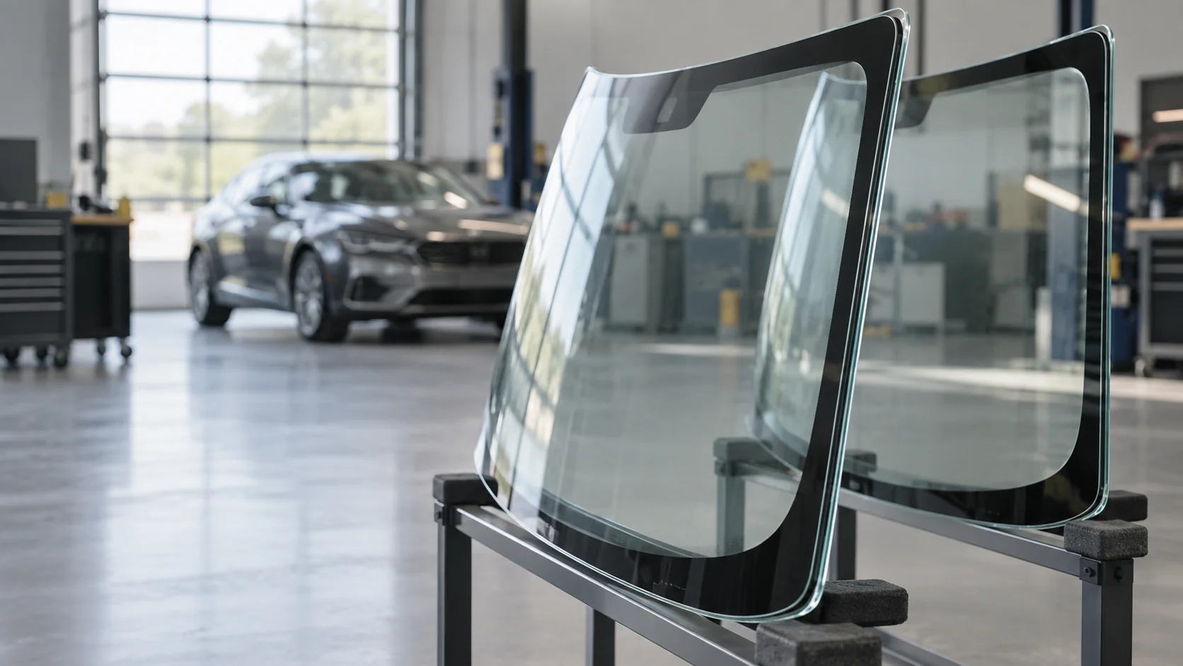 Two illustrative replacement windshields standing in a workshop