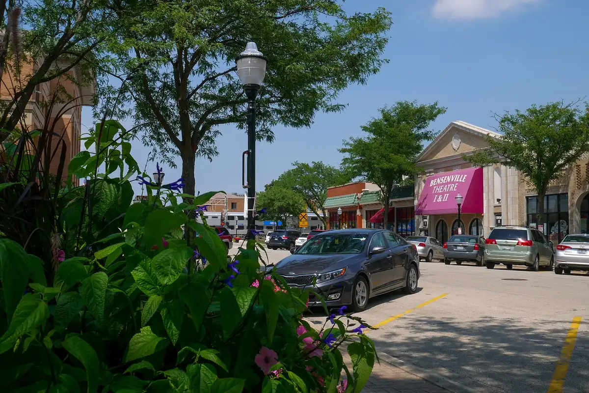 South Center Street in downtown Bensenville, Illinois, with the Bensenville Theatre