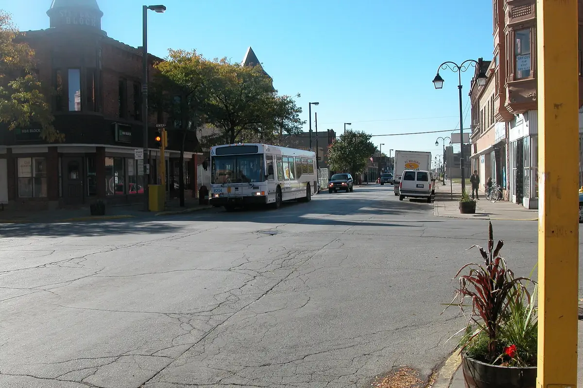 154th Street at Center Avenue in downtown Harvey, Illinois, with a Pace bus