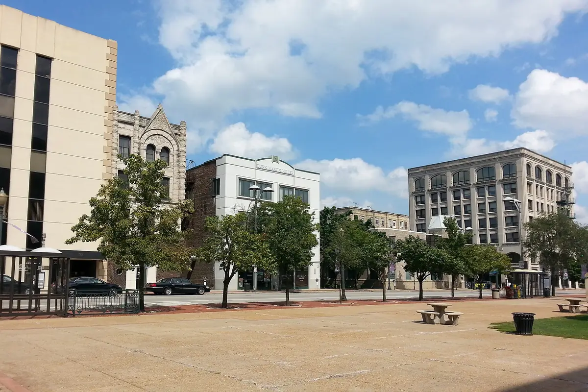 Downtown Joliet, Illinois, with office buildings around an open plaza