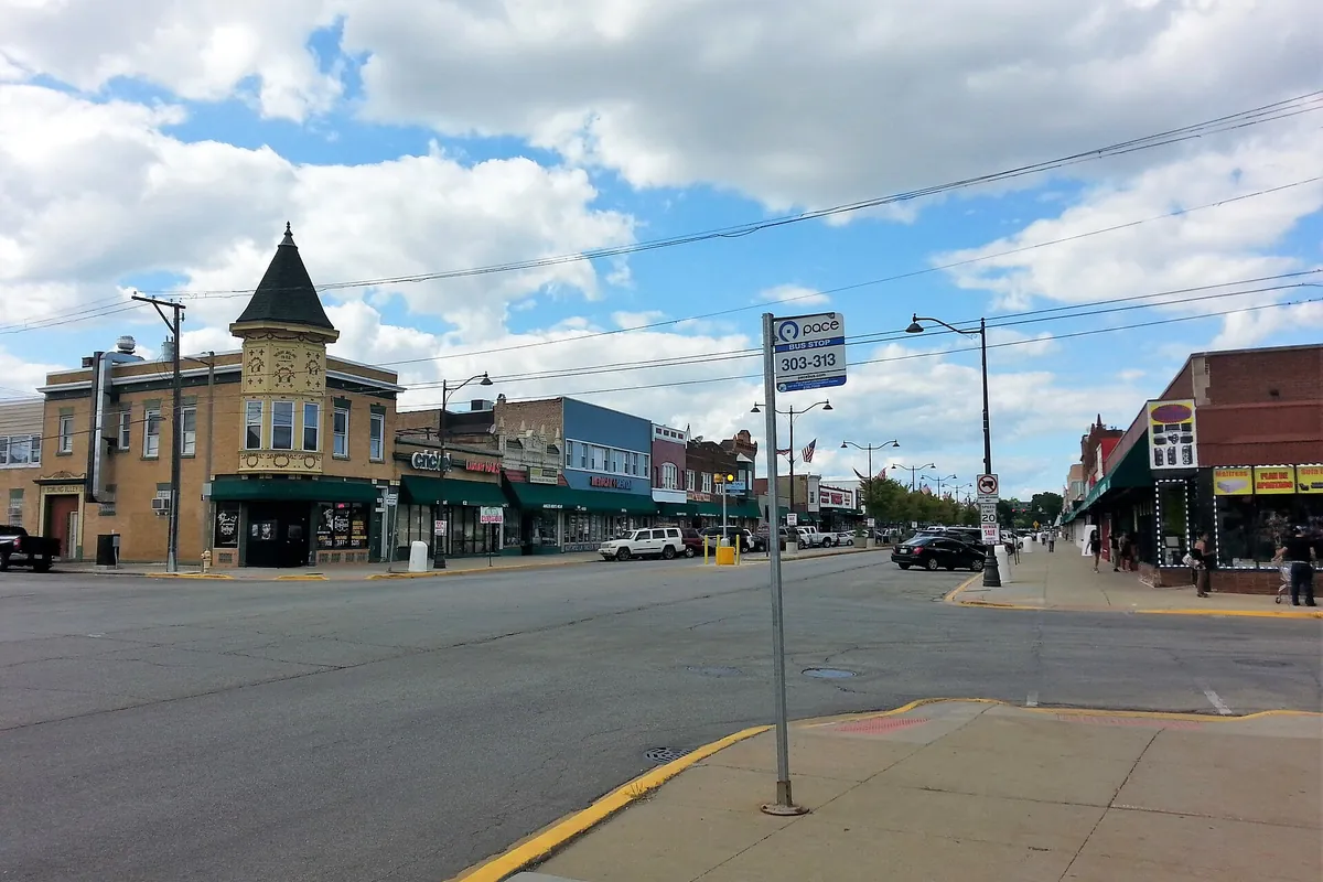 Buildings along a street in downtown Melrose Park, Illinois