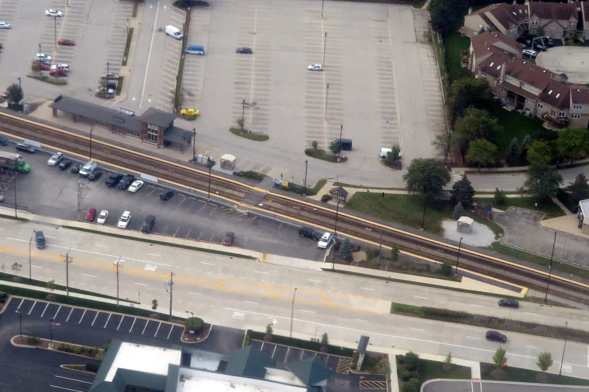 Aerial view of the Wood Dale Metra station in Wood Dale, Illinois
